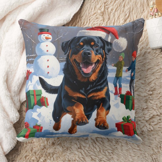 Rottweiler Rent in de Sneeuw met Kerstmuts Kussen (Deken)