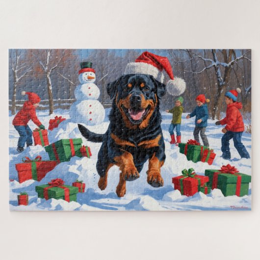 Rottweiler Rent in de Sneeuw met Kerstmuts Legpuzzel (Horizontaal)