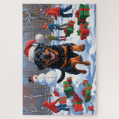 Rottweiler Rent in de Sneeuw met Kerstmuts Legpuzzel (Verticaal)