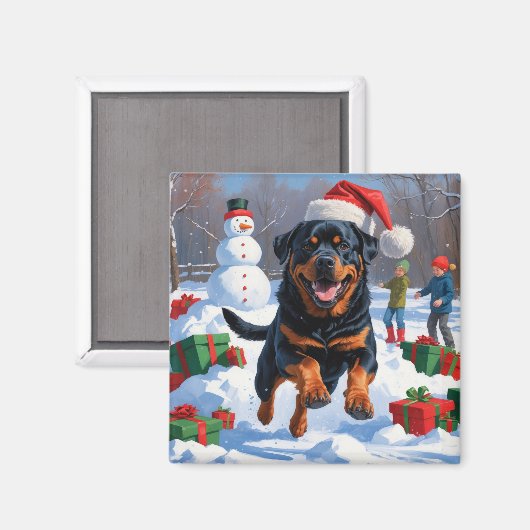 Rottweiler Rent in de Sneeuw met Kerstmuts Magneet (Voorkant / Achterkant)