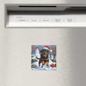 Rottweiler Rent in de Sneeuw met Kerstmuts Magneet (Insitu (Vaatwasser))