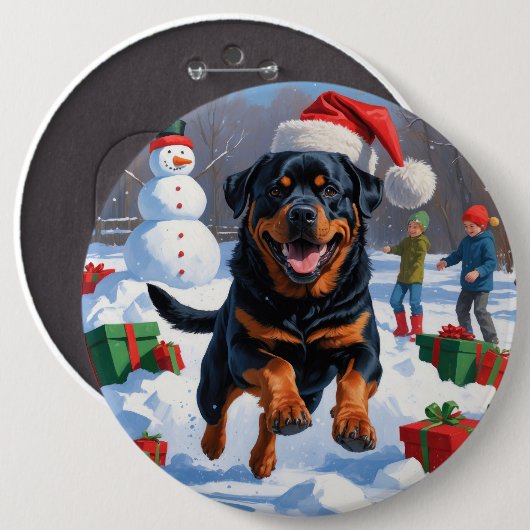 Rottweiler Rent in de Sneeuw met Kerstmuts Ronde Button 6,0 Cm (Voorkant /achterkant)