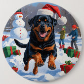 Rottweiler Rent in de Sneeuw met Kerstmuts Ronde Button 6,0 Cm (Voorkant)