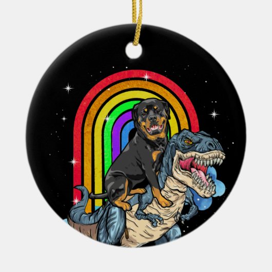 Rottweiler Riding Dinosaur T rex Rainbow Keramisch Ornament (Voorkant)