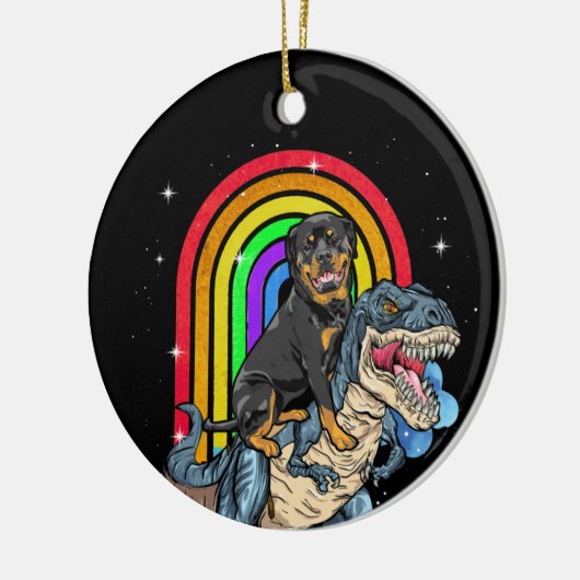 Rottweiler Riding Dinosaur T rex Rainbow Keramisch Ornament (Links)