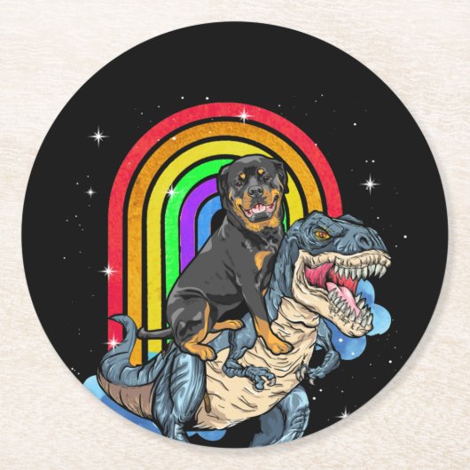Rottweiler Riding Dinosaur T rex Rainbow Ronde Kartonnen Onderzetter (Voorkant)