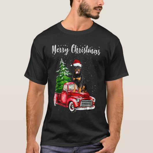 Rottweiler Riding Red Truck Merry Kersthond S T-shirt (Voorkant)