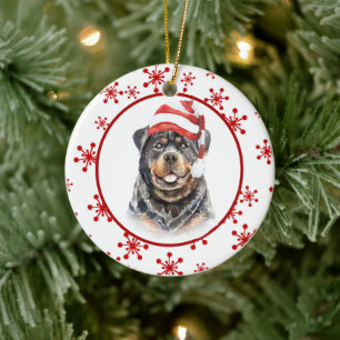 Rottweiler Santa Hat Red Snowflake Kerstmis Keramisch Ornament