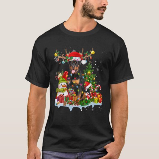 Rottweiler Santa Hat Reindeer Kerstlights Paj T-shirt (Voorkant)