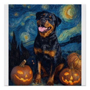 Rottweiler Schattige Hond Halloween Jack O Lantern Perfect Poster