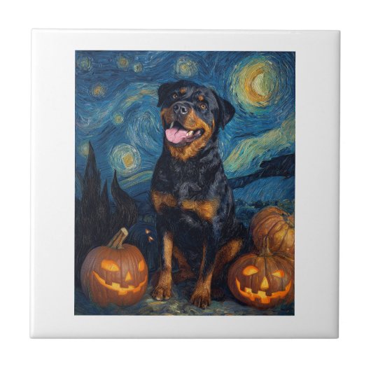 Rottweiler Schattige Hond Halloween Jack O Lantern Tegeltje (Voorkant)