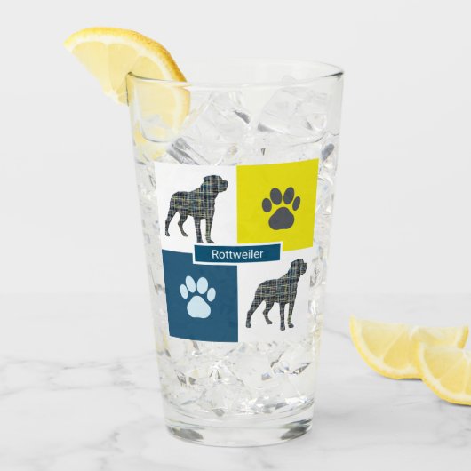 Rottweiler Silhouette Dog & Paw Yellow & Blue Grid Glas (Voorkant ijs)