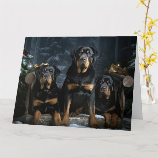 Rottweiler Sneeuw Slede Kerst Decoratie Kaart (Gele Bloem)