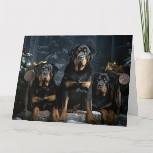 Rottweiler Sneeuw Slede Kerst Decoratie Kaart (Voorkant)