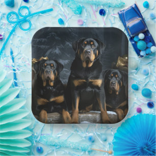 Rottweiler Sneeuw Slede Kerst Decoratie Papieren Bordje