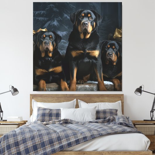 Rottweiler Snowy Sleigh Kerst Decor Canvas Afdruk (Insitu (Slaapkamer))