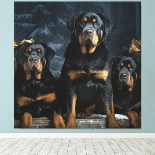 Rottweiler Snowy Sleigh Kerst Decor Canvas Afdruk (Insitu (Houten vloer))