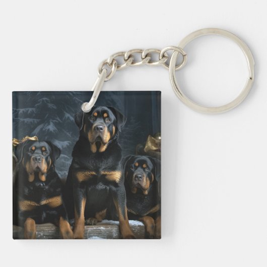 Rottweiler Snowy Sleigh Kerst Decor Sleutelhanger (Achterkant)