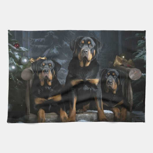 Rottweiler Snowy Sleigh Kerst Decor Theedoek (Horizontaal)