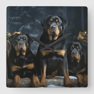 Rottweiler Snowy Sleigh Kerst Decor Vierkante Klok