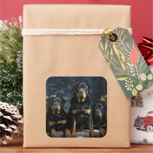 Rottweiler Snowy Sleigh Kerst Decor Vierkante Sticker