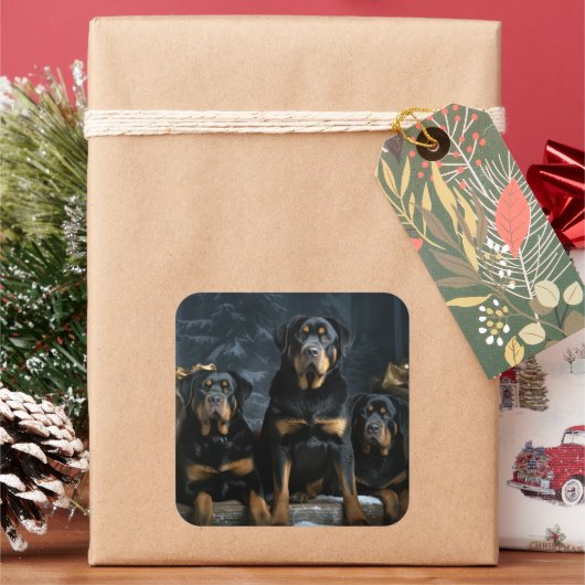 Rottweiler Snowy Sleigh Kerst Decor Vierkante Sticker (Feestdagen)
