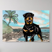 Rottweiler speelt op strand Hawaii Poster (Voorkant)