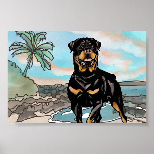 Rottweiler speelt op strand Hawaii Poster (Voorkant)