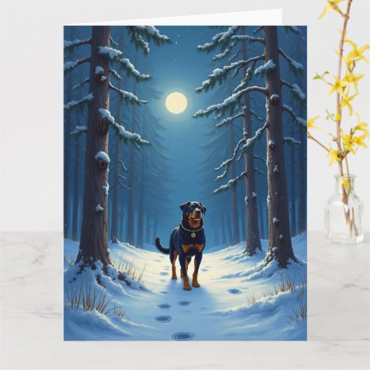 Rottweiler Starry Forest Hike Christmas Painting Kaart (Gele Bloem)