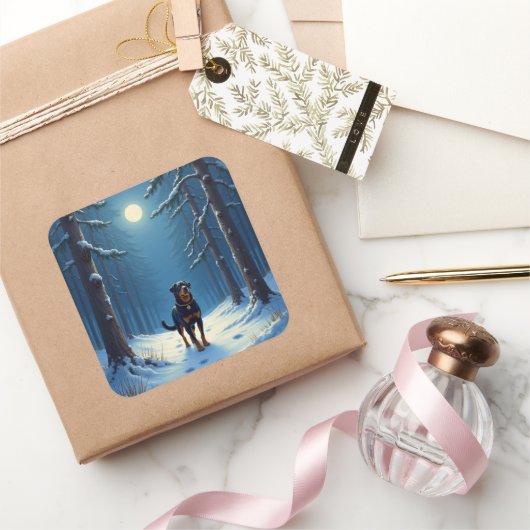 Rottweiler Starry Forest Hike Christmas Painting Vierkante Sticker (Geschenken)