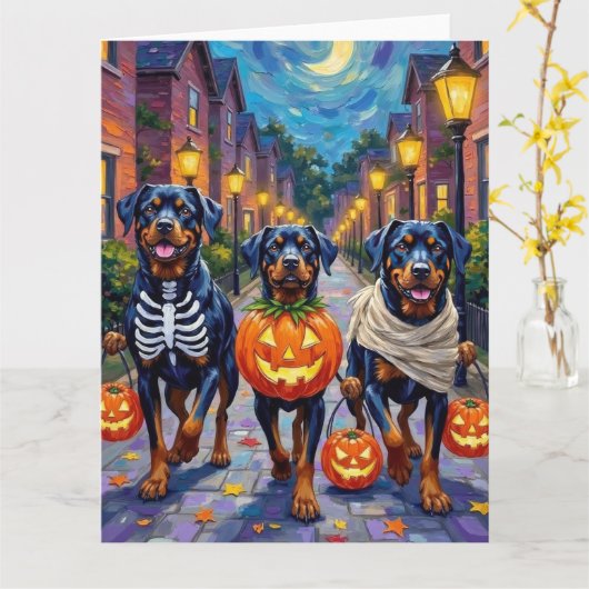 Rottweiler Trick-or-Treating In Halloween Costumes Kaart (Gele Bloem)