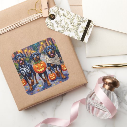 Rottweiler Trick-or-Treating In Halloween Costumes Vierkante Sticker (Geschenken)