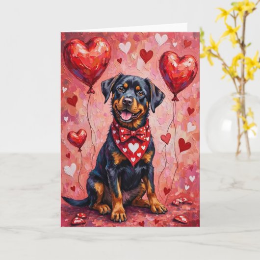 Rottweiler Valentine’s Day Dog with Hearts Red Kaart (Gele Bloem)