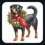 Rottweiler voor Christmas Gear Vierkante Sticker<br><div class="desc">Een vrolijke Rottweiler staat versierd met een feestelijke krans van hulst en een felrode sjaal. Deze vrolijke hond vangt de geest van Kerstmis,  klaar om het vakantieseizoen met warmte en vrolijkheid te vieren. De decoraties versterken zijn speelse charme.</div>