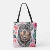 Rottweiler waterverf hond gezicht roos borstkunst tote bag (Achterkant)