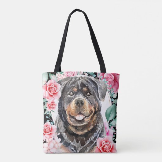 Rottweiler waterverf hond gezicht roos borstkunst tote bag (Achterkant)