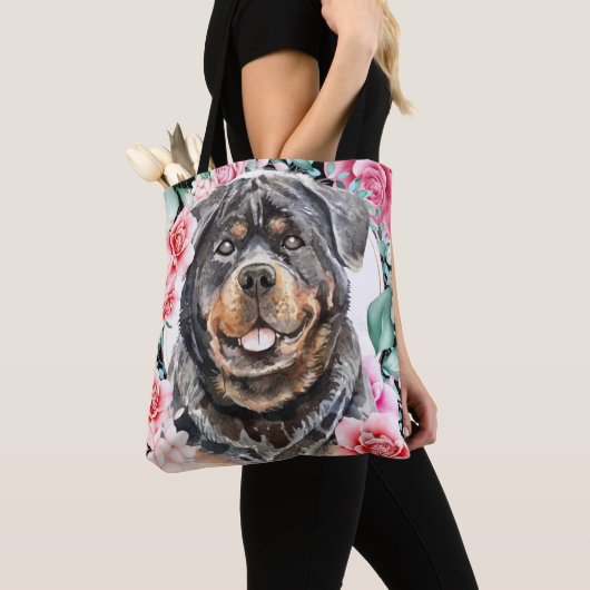 Rottweiler waterverf hond gezicht roos borstkunst tote bag (Dichtbij)