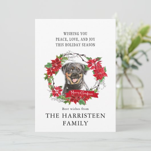 Rottweiler-waterverf Poinsettia-krans Kerstmis Feestdagenkaart (Staand voorkant)