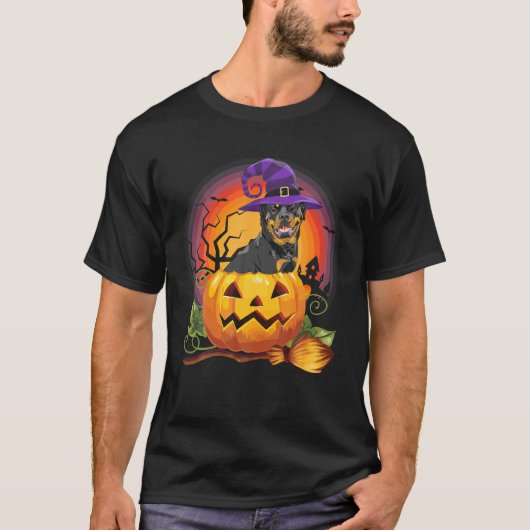 Rottweiler Witch Pumpkin Halloween Hondenliefhebbe T-shirt (Voorkant)