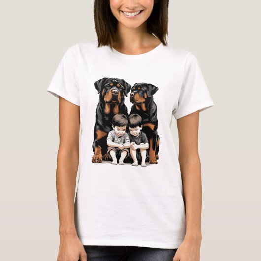 Rottweilers, Rottweiler As Loyal Guardians Of Kids T-shirt (Voorkant)