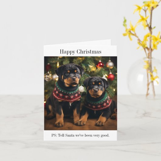 Rottweiller Puppies Happy Christmas Kaart (Gele Bloem)