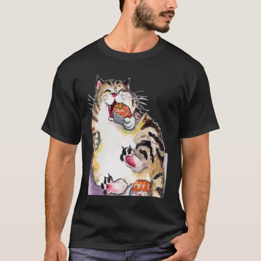 Rotund Cat Eating Sushi T-shirt (Voorkant)