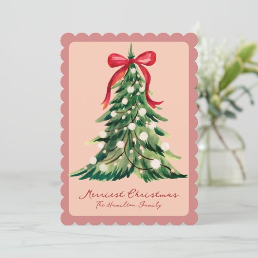 Rouge Coquette Versierde Rococo Strik Kerstboom Feestdagenkaart (Staand voorkant)