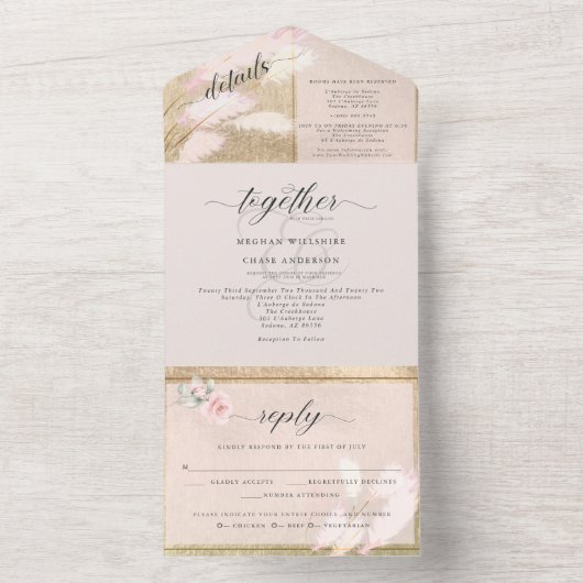 Rouge en Gouden Pampagras Bruiloft All In One Uitnodiging (Binnen)