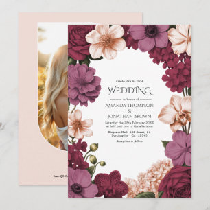 Rouge Garnet, Rosette Mauve & Peach Zijde Bruiloft Kaart