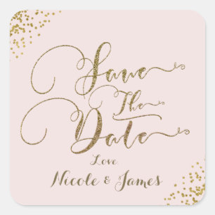 Rouge Roze Gouden Confetti Hoeken Save the Date Vierkante Sticker