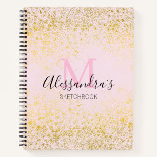 Rouge Roze & Gouden Glitter Monogram Naam Schetsbo Notitieboek