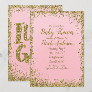 Rouge Roze Gouden Glitters Glam Moderne Baby Showe Kaart