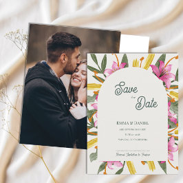 Rouge Roze Lelie Gebogen Foto Trouw Save the Date Aankondigingskaart