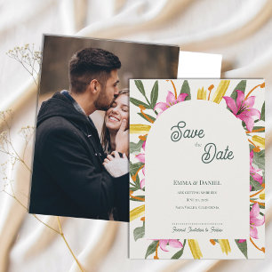 Rouge Roze Lelie Gebogen Foto Trouw Save the Date Aankondigingskaart